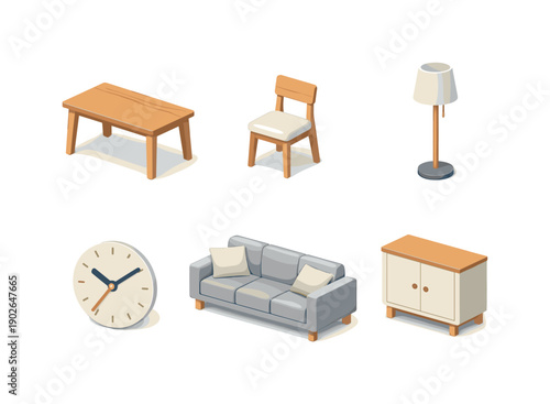 Scandinavian style. Isometric flat vector icons set of Scandinavian style: wooden dining table, minimalist dining chair, soft fabric sofa,