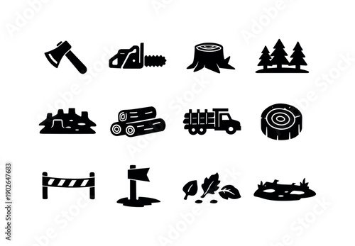 Forest Clear Cutting. Solid icon set of Forest Clear Cutting: axe, chainsaw, tree stump, forest line, cleared plot, log stack, timber truck,