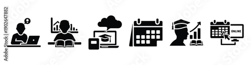 set of minimalist online attendance icons. E-learning silhouette vector icon set in black color and white background