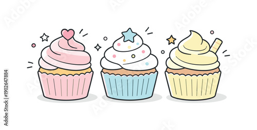 Cupcakes pastel. A trio of pastel-colored cupcakes arranged neatly in a row with soft shadows and gentle decorations. The mood is sweet,