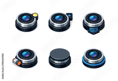 Smartphone Camera Lens Icons. Smartphone camera lenses. Isometric flat vector icons set of smartphone camera lenses: camera lens with LED flash, camera lens