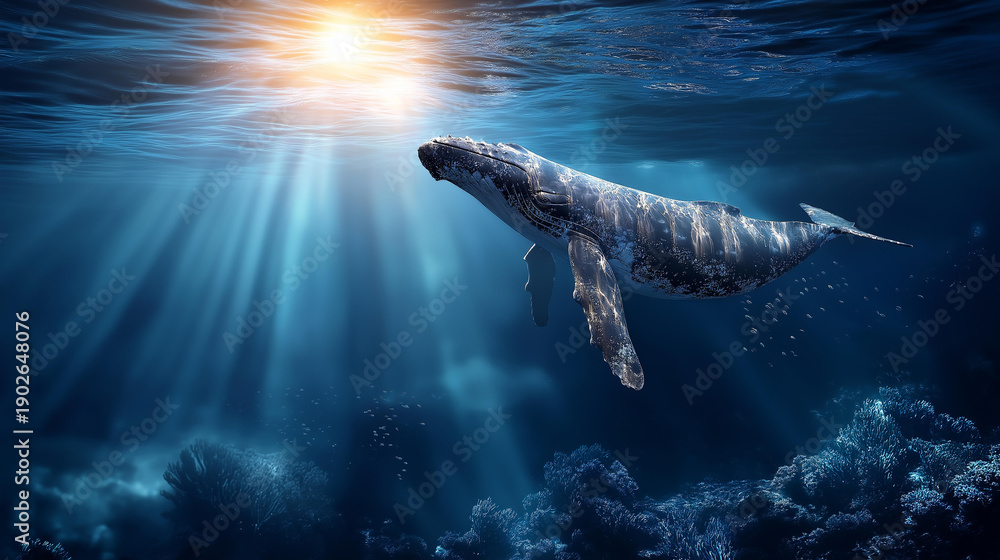 Naklejka premium Magnificent whale rising gracefully towards sunlit ocean surface, defocused freedom essence capturing, calming beauty of underwater life, marine wonder, with copy space