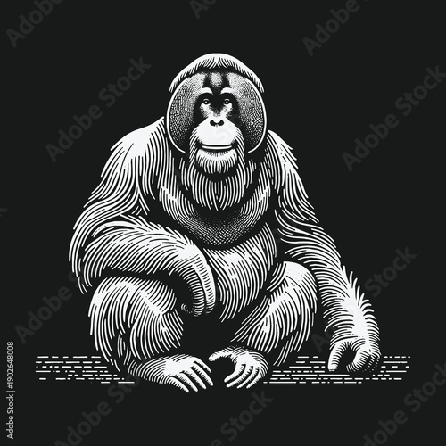 Detailed Orangutan Illustration: A Striking Black and White Portrait.