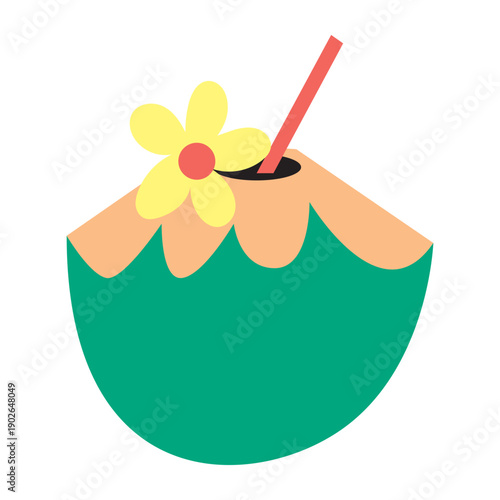 Coconut cocktail with tropical flower garnish and straw