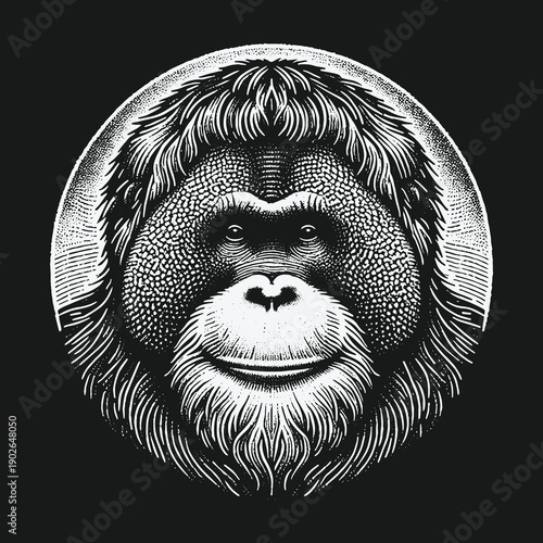 Detailed Orangutan Portrait in Black and White Engraving Style.
