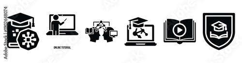 set of minimalist online class enrollment icons. E-learning silhouette vector icon set in black color and white background