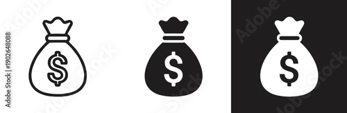 Money Bag and Cash Sack Icons for Wealth and Finance in Three Styles