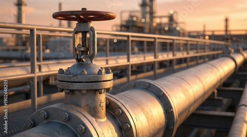 Industrial gate valve with red handle positioned on a large metallic pipeline, surrounded by additional pipes and structures in an oil refinery setting during sunset