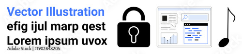 Data protection, digital media, online communication, music, cybersecurity, secure access. Lock icon, interface window and music note. Data protection and digital media concepts