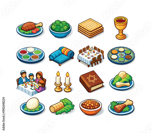 Passover Feast Icons. Passover meal. Colorful isometric vector icons set of Passover meal: roasted lamb plate, bitter herbs bowl, unleavened matzah, wine