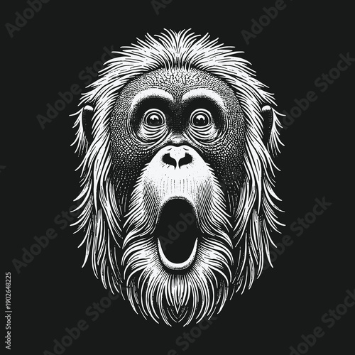 Surprised Orangutan Portrait: Detailed Engraving of Shocked Ape Face.