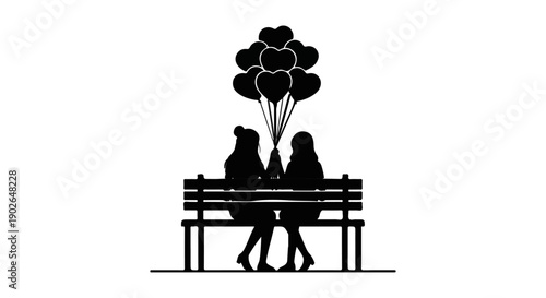 A silhouetted couple sits on a park bench with a cluster of heart shaped balloons


