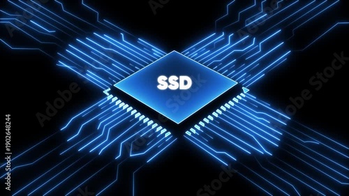 Solid State Drive S D Circuit Board Neon Blue Lines Microchip Data Storage Technology