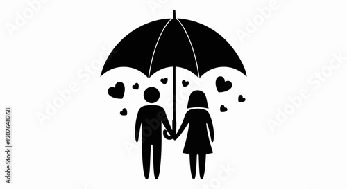 A couple shares a romantic moment under an umbrella with floating hearts

