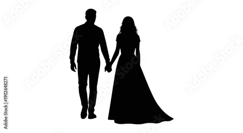 Silhouette of a couple walking hand in hand possibly a bride and groom

