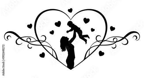 A silhouetted image depicts a mother playfully tossing her baby in the air

