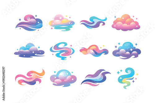 Ethereal Mist. Colorful flat vector icons set of Ethereal Mist: dreamy fog swirls, magical mist glow, floating vapor ribbons, fantasy haze,