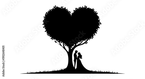 A silhouetted couple embraces beneath a heart shaped tree on a grassy hill

