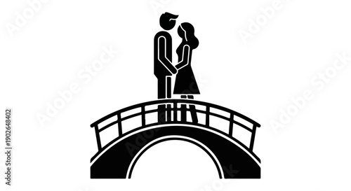 A couple embraces on a bridge depicted as a simple black silhouette

