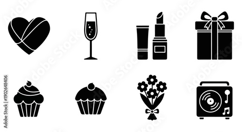 Black and white icons depicting romantic gifts treats and celebratory items

