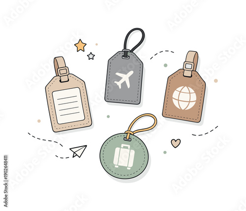 Minimalist Luggage Tags. Neutral luggage tags set. A calm flatlay of different minimalist luggage tags in beige, gray, and light brown tones, with soft shadows