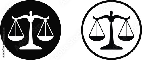 Iconic balanced scales in monochrome circles signify principles of justice and law enforcement
