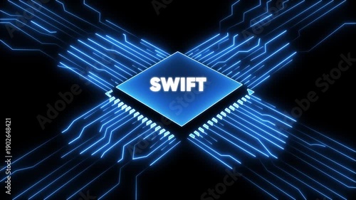 Blue Circuit Board with Glowing Lines and S W I F T Text on Microchip swift technology