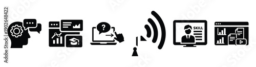 set of minimalist online course progress icons. E-learning silhouette vector icon set in black color and white background