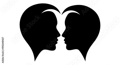 Silhouettes of two faces forming a heart shape symbolizing love and connection


