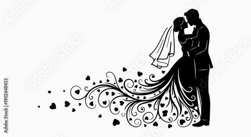 A black and white illustration depicts a couple embracing during a wedding

