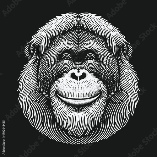 Detailed Engraving of a Smiling Orangutan Face on Black Background.