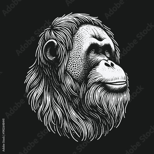 Detailed Orangutan Portrait: A Study in Black and White.