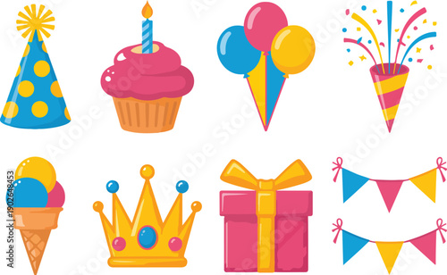 Set of birthday party elements including hat cupcake balloons ice cream popper crown gift and garland.