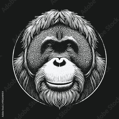 Detailed Orangutan Portrait: A Striking Black and White Illustration.