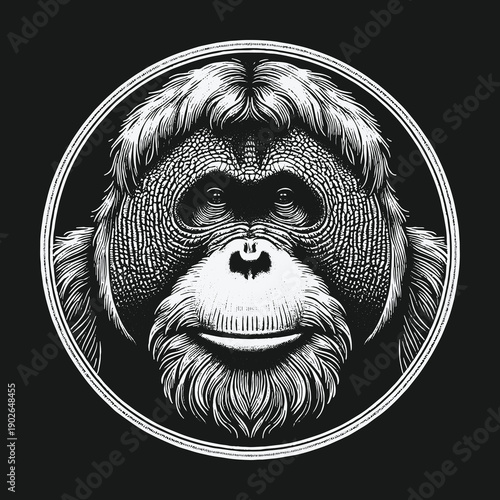 Detailed Orangutan Portrait in Circular Frame: A Study in Contrast.