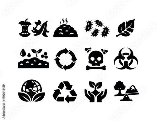 Biodegradation Icons Grid. biodegradation. Solid icon set of biodegradation: organic waste, compost heap, bacteria action, leaf breakdown, soil nutrients, eco