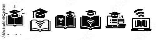 set of minimalist online digital academic icons. E-learning silhouette vector icon set in black color and white background
