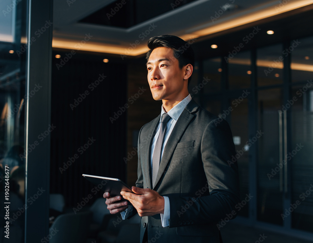 Fototapeta premium A young Asian businessman in a suit looking out of a window while holding a tablet in a modern office building