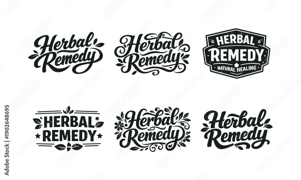 Obraz premium Herbal remedy label typography. Set lettering. harmonious lettering variations of the same emblematic concept, each with different artistic