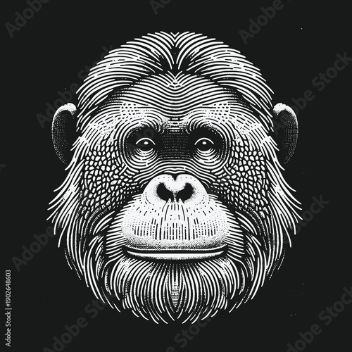 Orangutan Portrait: Detailed Engraving of a Primate Face.