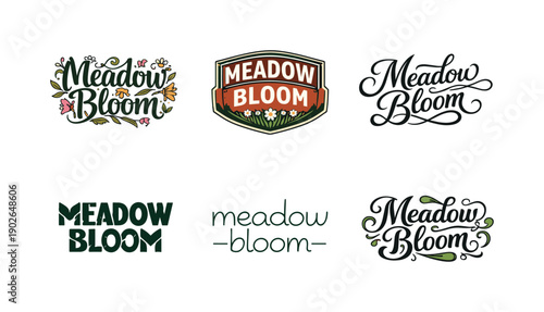 Meadow bloom. Set lettering. harmonious lettering variations of the same emblematic concept, each with different artistic interpretation