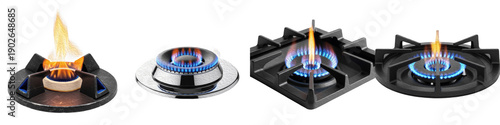Tableau sur toile Set of modern gas stove burners with burning blue and orange flames isolated on