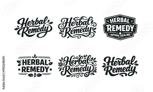 Herbal remedy label typography. Set lettering. harmonious lettering variations of the same emblematic concept, each with different artistic