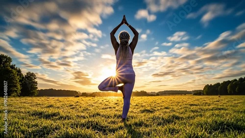 Silhouette woman practicing yoga tree pose in open meadow at sunrise, mindful wellness and balance training, peaceful summer morning light for International Yoga Day