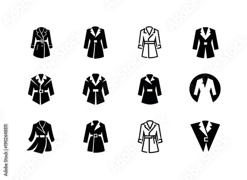 Trench Coat Icons. Trench. Icon set. Set Logo of Trench: trench coat silhouette. harmonious logo variations of the same emblematic concept, each with different