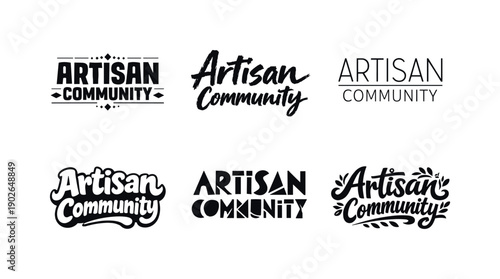 Artisan community typography. Set lettering. harmonious lettering variations of the same emblematic concept, each with different artistic