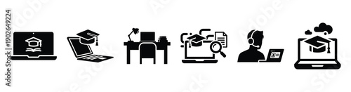 set of minimalist online education content icons. E-learning silhouette vector icon set in black color and white background