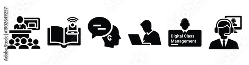 set of minimalist online education platform icons. E-learning silhouette vector icon set in black color and white background