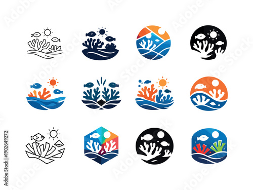 Underwater wildlife and nature photography. Icon set. Set Logo of Underwater wildlife and nature photography: coral reef ecosystem.