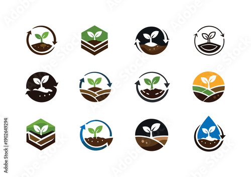 Soil fertility. Icon set. Set Logo of soil fertility: seed germination cycle. harmonious logo variations of the same emblematic concept, each
